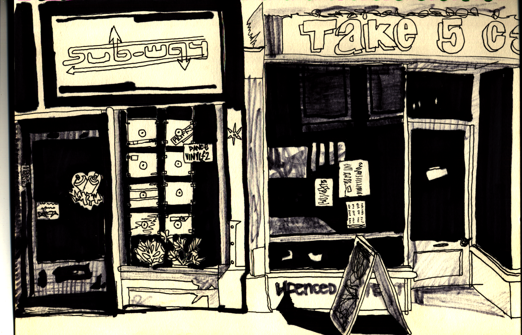 A drawing of a cafe and a record shop, Bristol